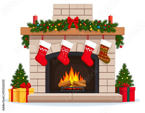 Fireplace with stockings and garlands, transparent background