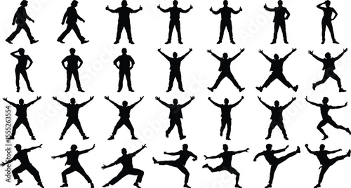 Collection of dynamic human silhouettes in various poses showcase movement and activity, isolated on white, perfect for design.