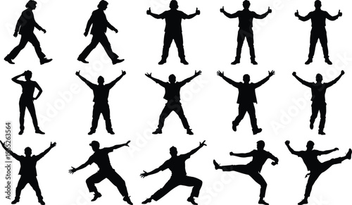 A group of human silhouettes showcasing various poses and gestures against a bright white background create striking shapes.