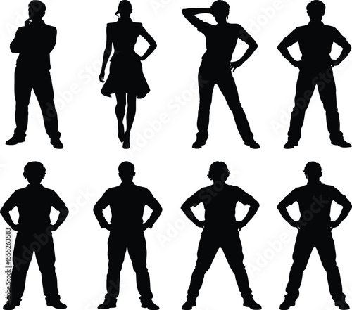 Silhouette figures present various poses of people including standing, attitude, and style on a plain backdrop.