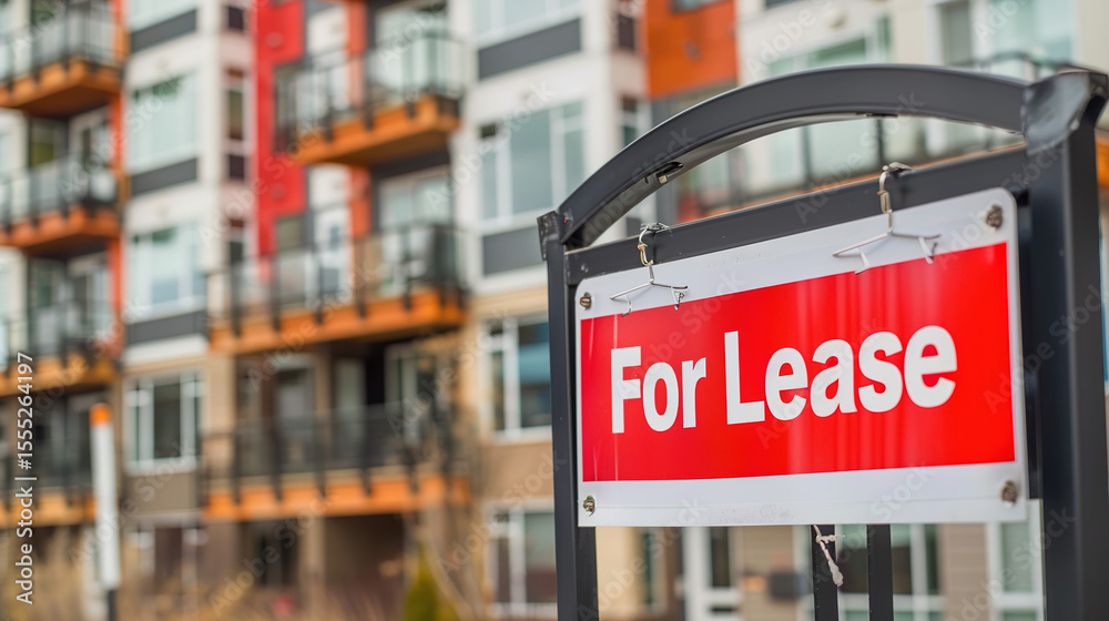 Obraz premium Modern apartment building with for lease sign in focus, urban real estate rental property and commercial space vacancy concept. 