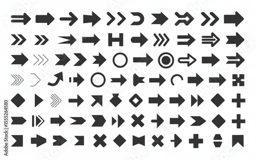 Presentation of arrow symbols in various shapes, representing direction, navigation, and graphical user interface elements photo