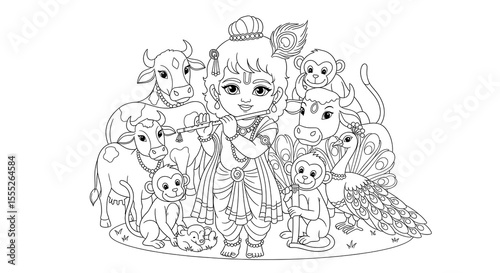 Cute krishna playing flute surrounded by cows monkeys and peacock isolated on transparent background