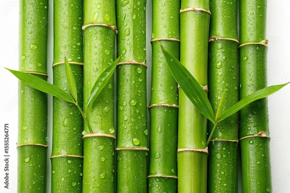 Fototapeta premium Green bamboo stems with drops of water on white background, closeup