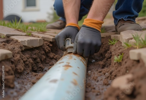 Man Digging Out Clogged Sewer Line – Close-Up of Sewer Repair Work

