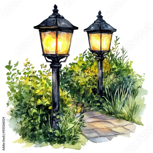Solar Garden Lights, watercolor illustration vector, isolated on a white background.