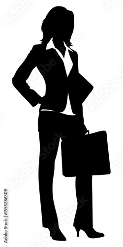Vector silhouette of businesswoman in formal suit standing upright, elegant and professional black shape on transparent background.	
