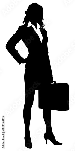 Vector silhouette of businesswoman in formal suit standing upright, elegant and professional black shape on transparent background.	
