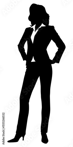 Vector silhouette of businesswoman in formal suit standing upright, elegant and professional black shape on transparent background.	
