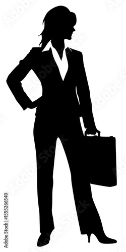 Vector silhouette of businesswoman in formal suit standing upright, elegant and professional black shape on transparent background.	

