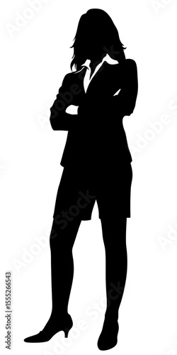 Vector silhouette of businesswoman in formal suit standing upright, elegant and professional black shape on transparent background.	
