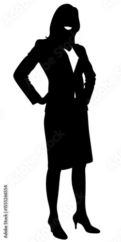 Vector silhouette of businesswoman in formal suit standing upright, elegant and professional black shape on transparent background.	
