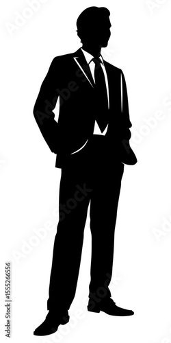 Corporate businessman silhouette standing alone with classic suit and work bag, black vector shape on transparent background.	
