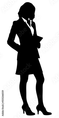 Vector silhouette of businesswoman in formal suit standing upright, elegant and professional black shape on transparent background.	
