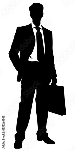 Corporate businessman silhouette standing alone with classic suit and work bag, black vector shape on transparent background.	
