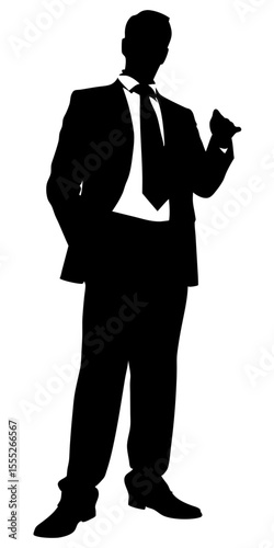 Corporate businessman silhouette standing alone with classic suit and work bag, black vector shape on transparent background.	

