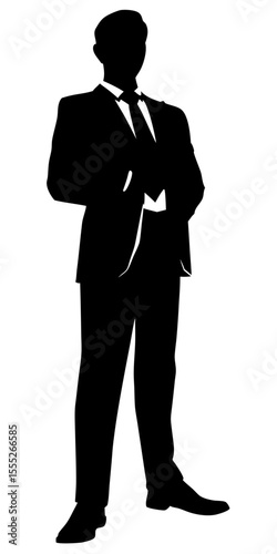 Corporate businessman silhouette standing alone with classic suit and work bag, black vector shape on transparent background.	
