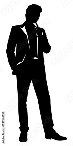 Corporate businessman silhouette standing alone with classic suit and work bag, black vector shape on transparent background.	
