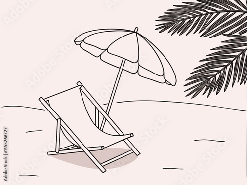 Relaxing beach setup with wooden framed chair and umbrella in pastel minimal landscape