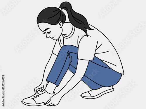 Young female character tying shoelaces in serene moment with soft tones and smooth lines