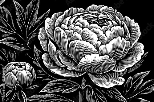 Blooming peony with layered petals and lush shape, a black and white sketch vector hand drawn