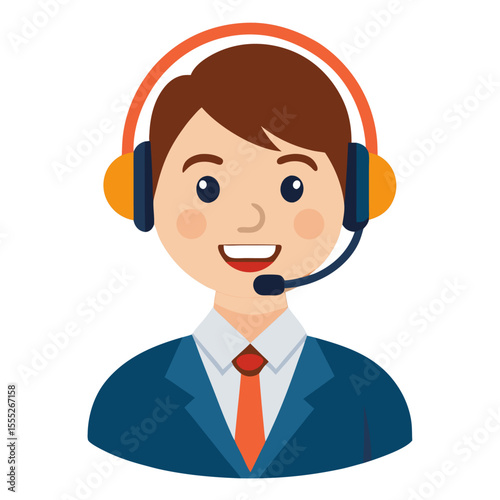 Happy customer support representative wearing headset communicating with clients on clean white background