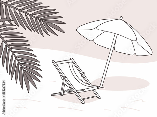 Minimal beach scene with white chair and umbrella on soft pink sand background