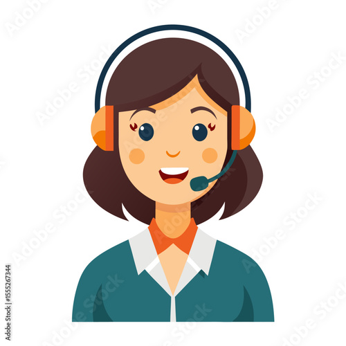 Cheerful female call center employee assisting customers with headset in bright white studio