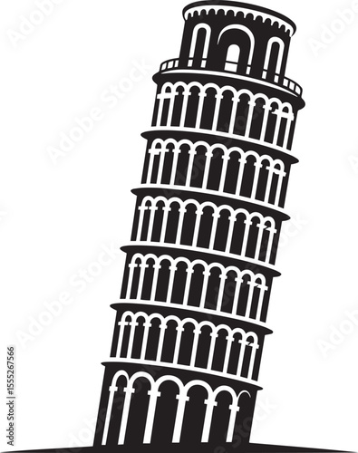 Iconic leaning tower of pisa architectural landmark silhouette in black and white
