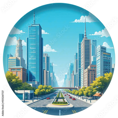 Urban skyline illustration with skyscrapers and tree-lined avenue  