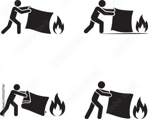 Person using a blanket to extinguish a fire safety procedure silhouette