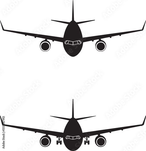 Two airplane front view silhouettes isolated on white background
