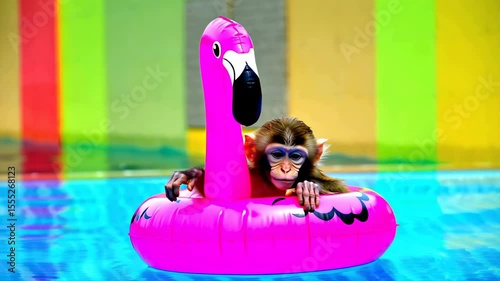 Monkey floating in a pink flamingo pool float, evoking summer fun and relaxation; perfect for kids’ ads, travel campaigns, party invitations, and playful digital content