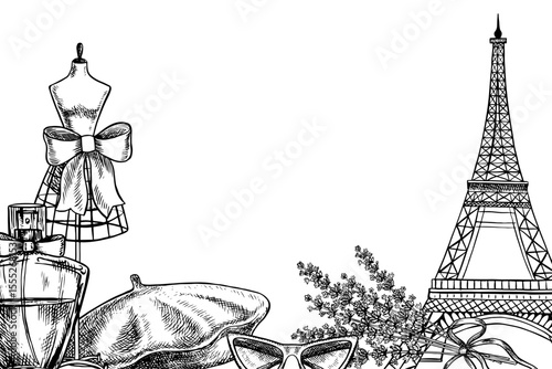 Border frame with a picture of Parisian fashion. Black and white vector, graphic illustration, hand-drawn. Perfume bottle, lavender, female mannequin, beret, sunglasses and the Eiffel Tower.