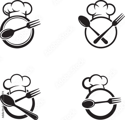 Four chef hat logos with spoon and fork elements silhouette