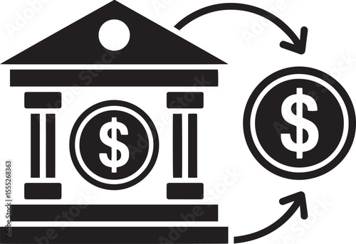 Bank building with dollar coin and circular arrow representing financial transaction silhouette