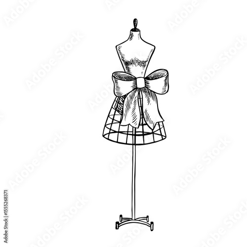 A tailor s mannequin with a bow at the waist. Vector graphics, black and white hand-drawn illustration. An element of your design for banners, posters, and websites. For postcards, labels, packaging
