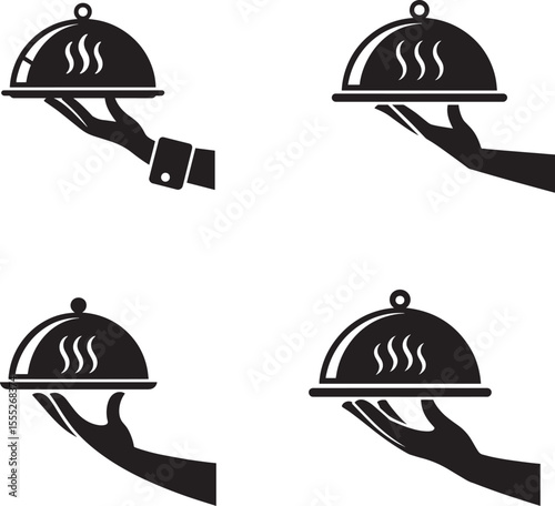 Four stylized black and white icons of a hand holding a cloche with steam silhouette