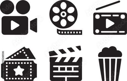 Collection of six black cinema icons including a film camera film reel clapperboard tickets and popcorn silhouette