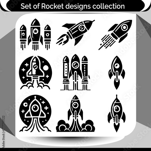 Rockets set with different cosmic rocketships takes off designs for creative projects and aerospace concepts in space explorations.