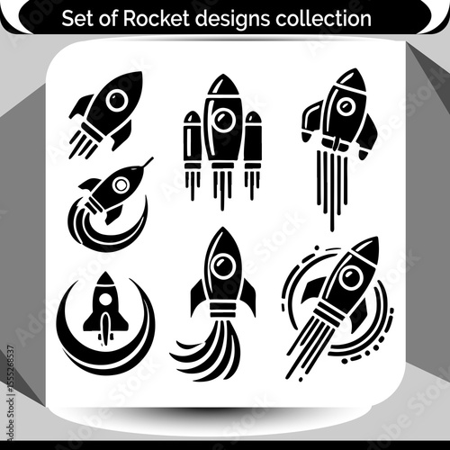 A collection of rocket icons showing various spacecraft designs, perfect for technology, space exploration, or science fiction themed creations.