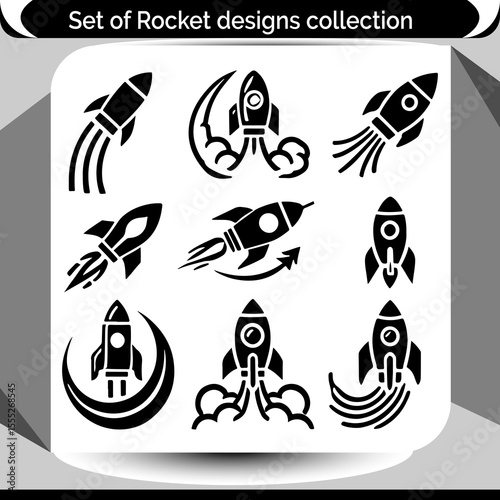 A collection of black rocket graphics featuring various launch designs, perfect for space themed designs and aerospace related branding.