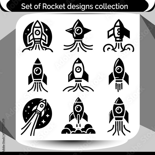 Collection of nine stylized rocket symbols suitable for science, space exploration, and futuristic designs with a monochrome aesthetic.