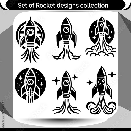 Black and white rockets art for logo or icon designs features spaceships blasting off with stellar designs for a cosmic feel.