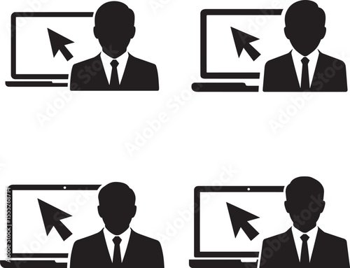Four business people icons with laptops and cursors in a simple silhouette style