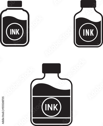 Three stylized ink bottles with the word ink in a circle silhouette