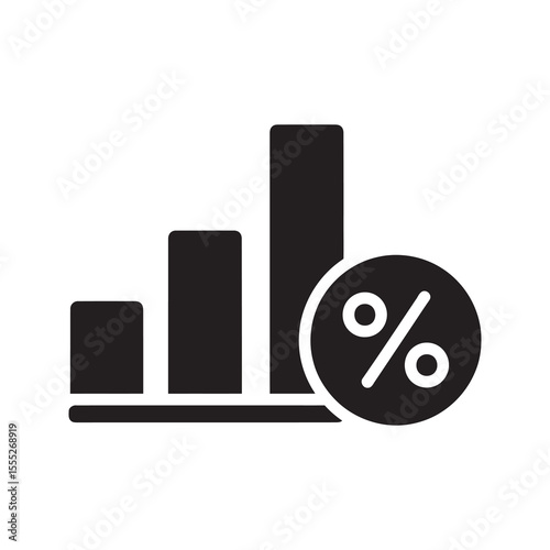 Bar chart icon with a percentage sign for financial statistics showing a rate of interest discount or market share growth for business analysis vector solid glyph icon