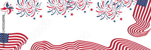 American flag background with Fourth of July theme and festive decorative elements