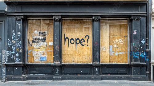 A closed and boarded-up shop window with graffiti saying “hope?”