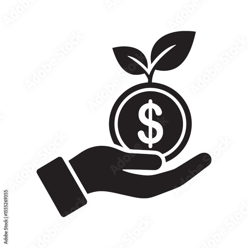 Investment growth icon with a hand holding a plant growing from a coin representing financial success business savings and wealth creation strategy vector solid glyph icon